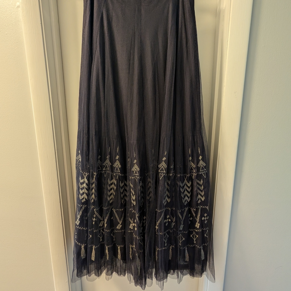Floreat Navy A-Line Skirt with Geometric Embroidery